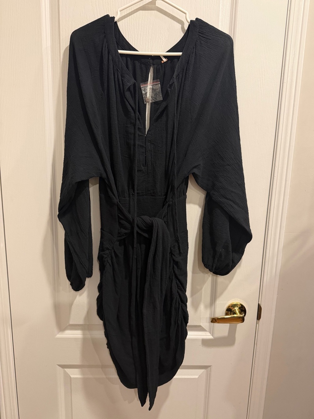 Free People Black Long Sleeve Tie-Waist Dress